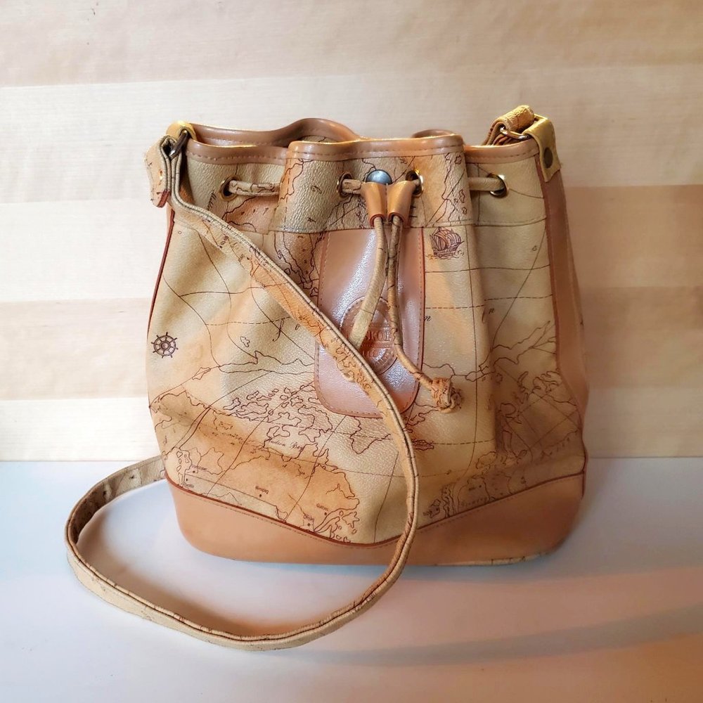 Maskof Italy Vintage World Map Bucket Bag Tan Neutral Vegan Leather